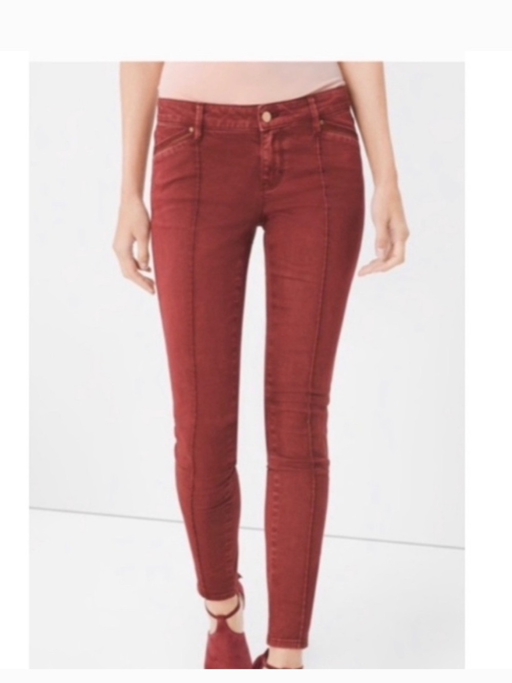 WHITE HOUSE BLACK MARKET BURGUNDY  SKIMMER STRETCH ANKLE JEANS SZ 0 EUC